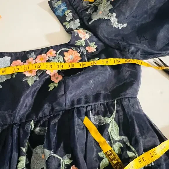 ASOS Floral Embroidered Tulle Puff Sleeve Babydoll Dress Size 14 Navy Multi - Picture 6 of 8